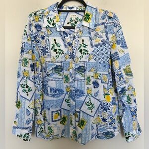 J. Crew Factory Linen Cotton Blend Italian Summer Print Button Shirt Size Large